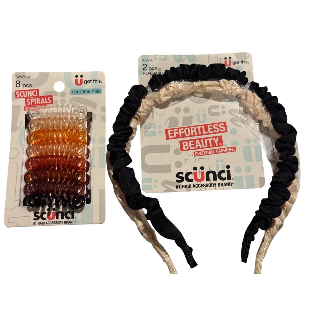 Scunci Hair Accessory Bundle 8pc Spirals & 2pc Ruched Headbands Black Tan Amber